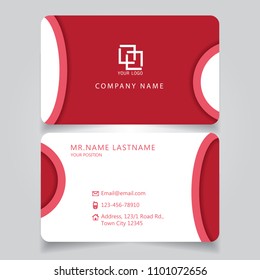 Modern Red name card and business card with creative design, dimension in depth and drop shadow horizontal curve corner standard size vector illustration template