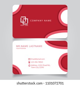 Modern Red name card and business card with creative design, dimension in depth and drop shadow horizontal curve corner standard size vector illustration template