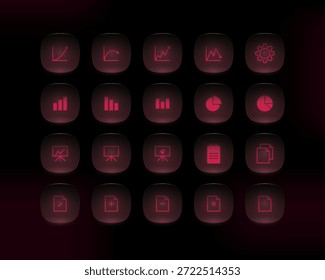 Moderno conjunto de iconos de Vector de estilo neón rojo para análisis, gráficos, informes y paneles de negocios. Botones redondeados brillantes sobre fondo oscuro, perfecto para UI, App, SaaS, fintech y presentaciones.