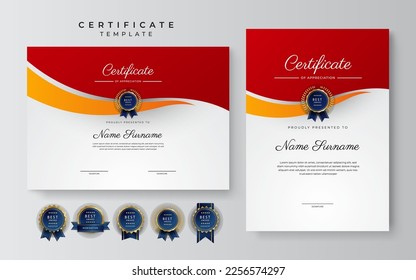 Modern red and orange certificate of achievement award template with badge and border for business and corporate