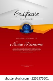Modern red and orange certificate of achievement award template with badge and border for business and corporate