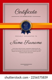 Modern red and orange certificate of achievement award template with badge and border for business and corporate