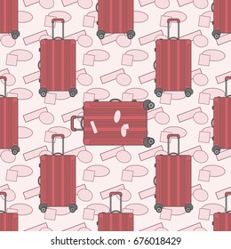 Modern red plastic travel suitcases with stickers, seamless pattern