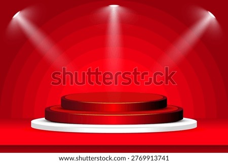 Modern red podium stage with spotlight beams for product display. Ideal for ecommerce, advertising, promotion, branding and presentation background.
