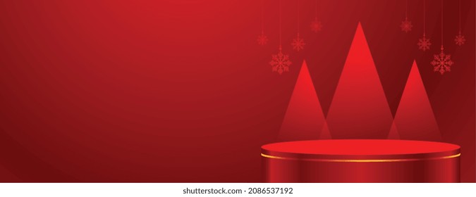 banner moderno de podio rojo con diseño de árbol de navidad