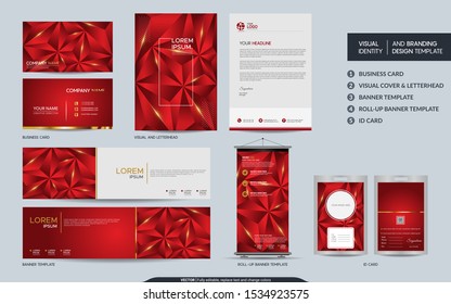 Modern red polygonal stationery mock up set and visual brand identity with abstract overlap layers background . Vector illustration mock up for branding, cover, card, product, event, banner, website. 