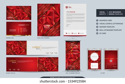 Modern red polygonal stationery mock up set and visual brand identity with abstract overlap layers background . Vector illustration mock up for branding, cover, card, product, event, banner, website. 