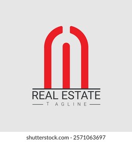 Modern red real estate logo design, modern logo featuring a stylized "M" formed by red arches, resembling architectural pillars