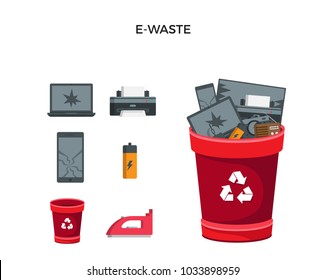 Modern Red Recycle Electronic Waste Garbage Bin And Trash Object Illustration Set, Suitable For Illustration, Book Graphics, Icons, Game Asset, And Other Recycle Related Activities.