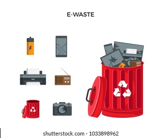 Modern Red Recycle Electronic Waste Garbage Bin And Trash Object Illustration Set, Suitable For Illustration, Book Graphics, Icons, Game Asset, And Other Recycle Related Activities.