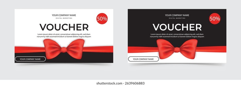 Modern red ribbon gift voucher with black and white background for promotion