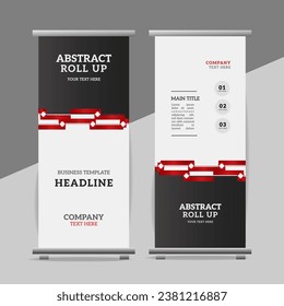  modern red Ribbon roll up banner design display standee for presentation purpose