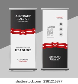  modern red Ribbon roll up banner design display standee for presentation purpose