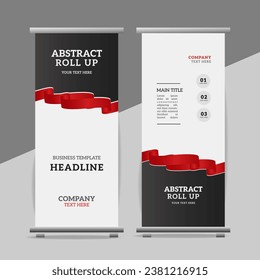  modern red Ribbon roll up banner design display standee for presentation purpose
