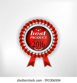 Modern, red ribbon, rosette, badge, award, medal with simple shapes - stars and twig with leaves, text Best Product Of The Year 2016, isolated on bright background