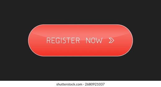 Botão CTA arredondado vermelho moderno com brilho, "Registre agora" texto, ícone de seta, efeito 3D, elemento de interface do usuário da Web para landing pages, aplicativos móveis ou banners.
