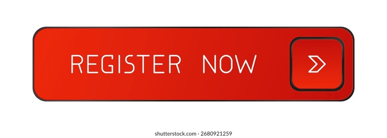 Botão CTA arredondado vermelho moderno com brilho, "Registre agora" texto, ícone de seta, efeito 3D, elemento de interface do usuário da Web para landing pages, aplicativos móveis ou banners.