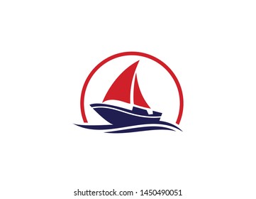 Modern red sailboat silhouette on blue waves inside a red circle emblem