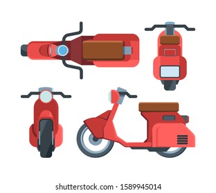 Modern red scooter bike flat illustrations set. Motorbike top and side view. Motor vehicle from different angles. Delivery transportation. Motorized transport isolated on white background