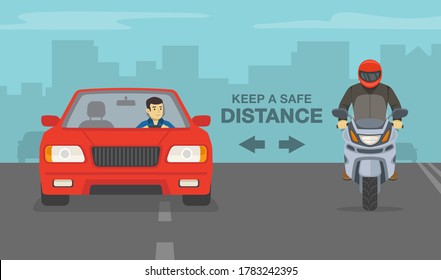 Modern Red Sedan Car And Sport Motorcycle On A Highway. Keep A Safe Distance Poster Design. Flat Vector Illustration Template.