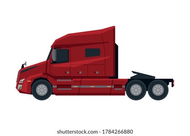 Modern Red Semi Truck, Cargo Delivery Vehicle, Side View Flat Vector Illustration on White Background