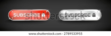 Modern Red and Silver Metallic Subscribe Buttons Set Isolated on Dark Background for Web and Social Media UI Design.