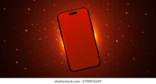 Modern red smartphone with glowing screen effect on a tech-inspired background. Vector illustration.