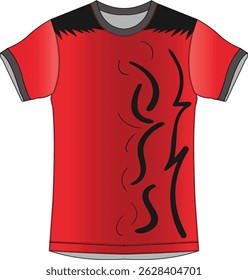 Modern red sports T-shirt with tribal abstract black pattern and sharp detailing. Suitable for fashion design, apparel template, or sportswear branding concept.
