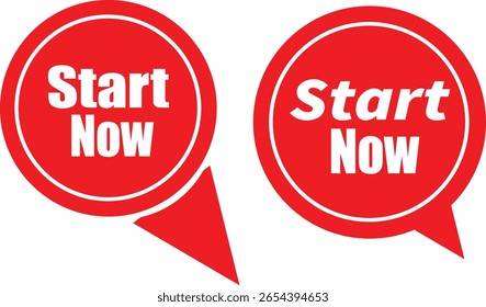 Modern red start now button bubble label vector design for website pop-up or CTA elements