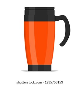 Modern red thermo cup, travel mug, thermos isolated on white background. Vector illustration in flat style