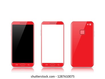 Modern red touchscreen cellphone tablet smartphone isolated on light background. Phone front and back side isolated. Vector illustration. 