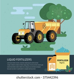 modern red tractor in the agricultural field;  crop duster spraying agricultural chemicals pesticide a farm field. Vector Illustration.