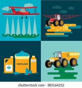 Modern Red Tractor In The Agricultural Field;  Crop Duster Spraying Agricultural Chemicals Pesticide A Farm Field. Vector Illustration.