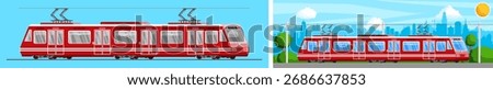 Modern red train and metro subway car with city skyline. Urban transportation vehicle passing through landscape. Commuter travel concept.