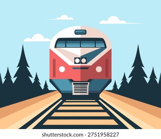 Modern red train on tracks in a forest. The train moves across the landscape. Illustration.