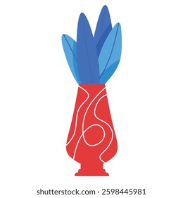 Modern red vase with white abstract patterns, featuring blue leaves. Ideal for decor and art themes