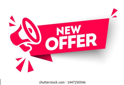 Modern red vector banner ribbon new offer with megaphone. Web element.