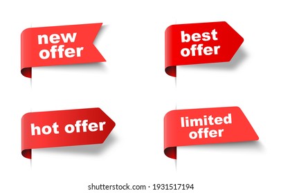 Modern red vector banner ribbon new, hot, best, limited offer set. Web element.