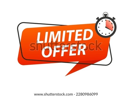 Modern red vector banner ribbon limited offer with stopwatch. the sticker is in a hurry. Auction tag. Brand of chance in the last minute. Vector illustration