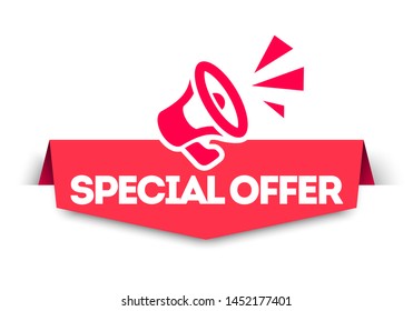 Modern red vector banner special offer with megaphone. Web element.