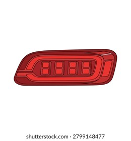 Modern red vehicle taillight with led lighting design. A sleek red automotive taillight featuring four distinct LED blocks and a wraparound light bar. The design is modern and geometric with dark outlines. Ideal for car repair or design blogs.