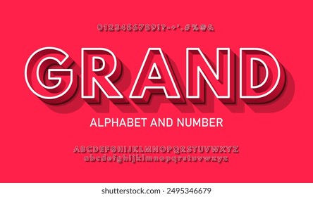 Modern red volumetric 3d alphabet with a thin white outline. Chic urban 3D font with signs, symbols and numbers.