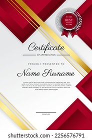 Modern red and white certificate of achievement award template with badge and border for business and corporate