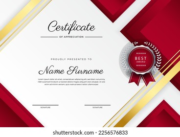 Modern red and white certificate of achievement award template with badge and border for business and corporate