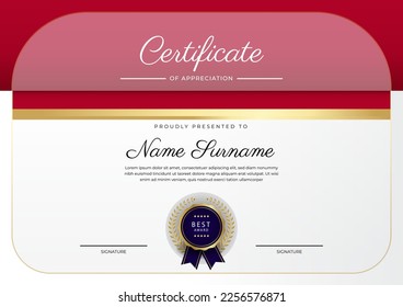 Modern red and white certificate of achievement award template with badge and border for business and corporate