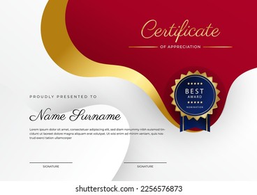 Modern red and white certificate of achievement award template with badge and border for business and corporate