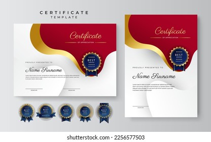 Modern red and white certificate of achievement award template with badge and border for business and corporate