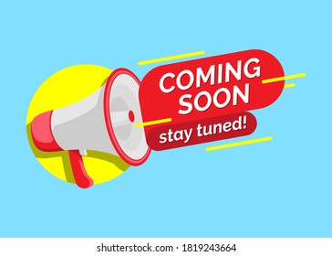 modern red and yellow banner ribbon coming soon stay tuned with megaphone web element flat design vector illustration