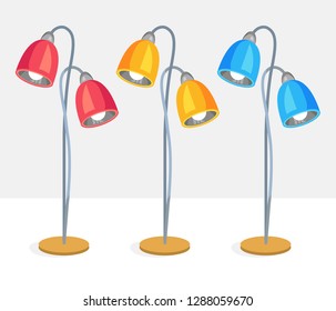 Modern red, yellow and blue floor lamp isolated on white background. Set of table lamps. Decorative House lamp / standing light / Vector illustration