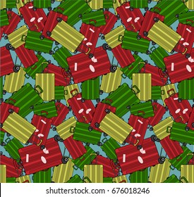 Modern red, yellow, green plastic travel suitcases with stickers, seamless pattern